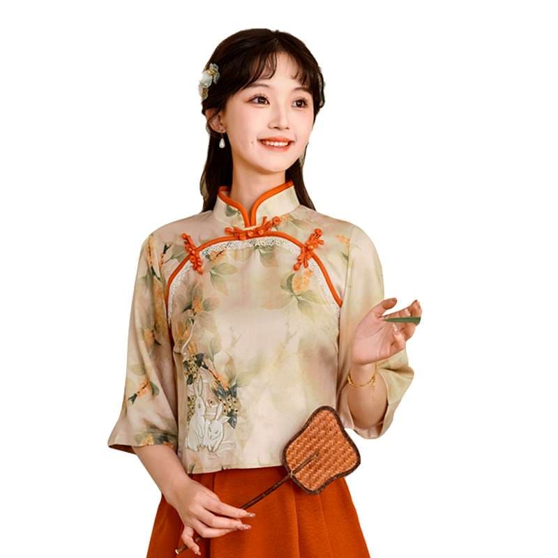チャイナ服 花柄刺繍入りチャイナカラーブラウス